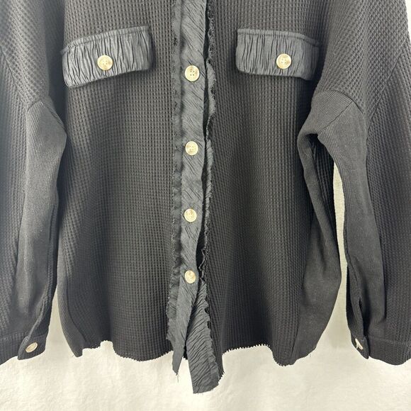 Chouyatou Black Waffleknit Oversized Button Up Shirt Jacket Lounge Womens L - Picture 5 of 13
